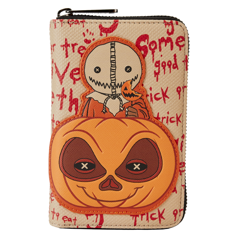 Image of our Trick 'r Treat wallet featuring Sam popping up behind a pumpkin, eating a lollipop with the words "Trick or treat. Give me something good to eat" behind him.